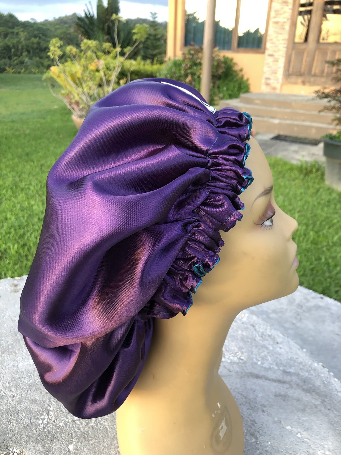 Deep Plum and Teal Solid Reversible Satin Bonnet