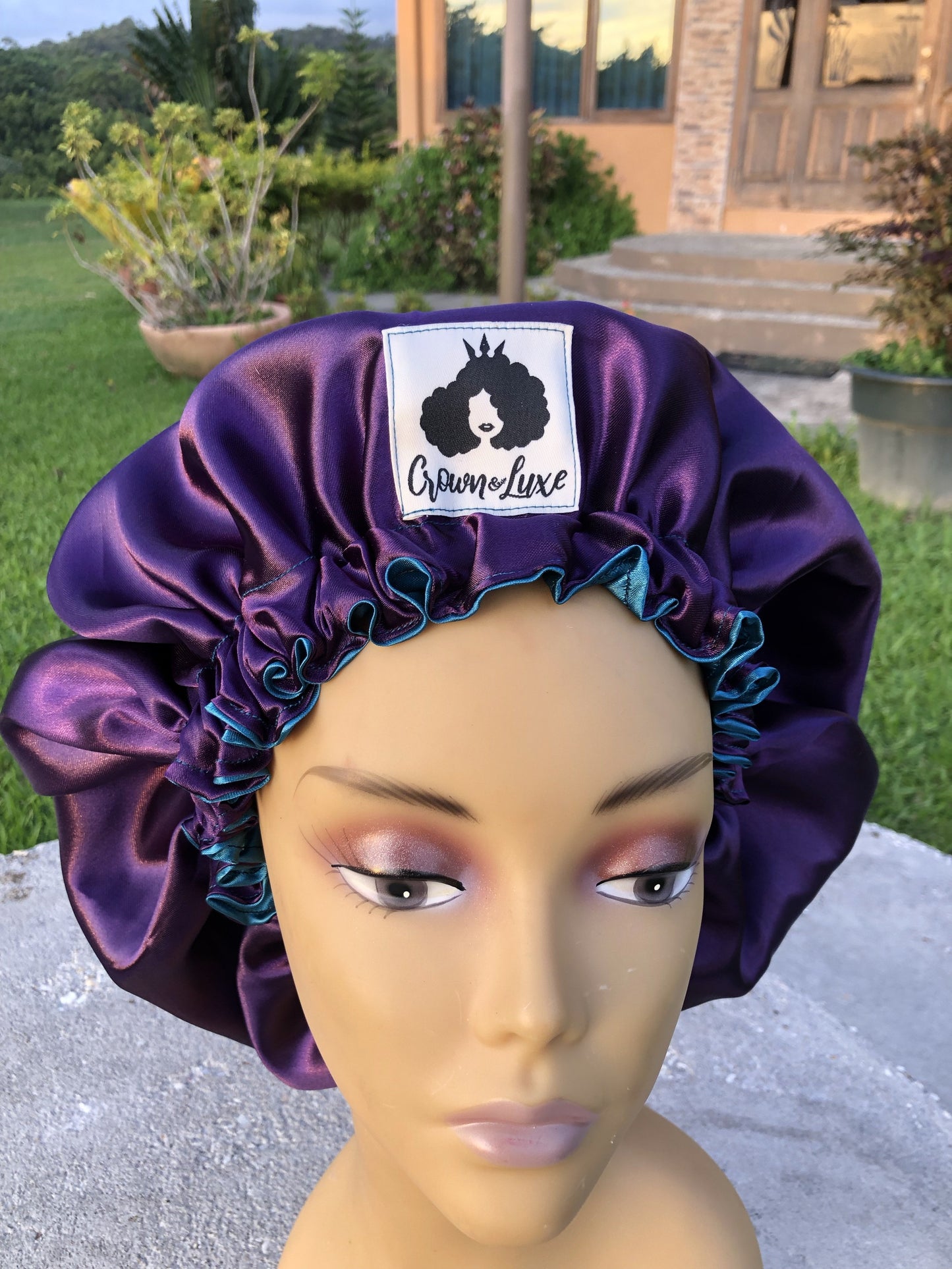 Deep Plum and Teal Solid Reversible Satin Bonnet