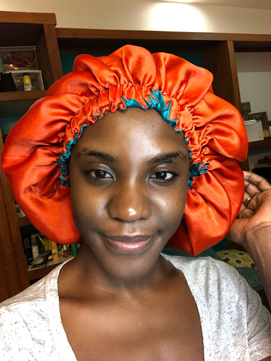 Bold Teal/ Orange Solid Reversible Satin Bonnet